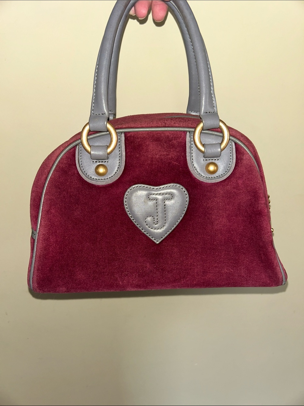 Juicy Couture Burgundy Velvet Satchel with Gray Leather Trim - Picture 2 of 10